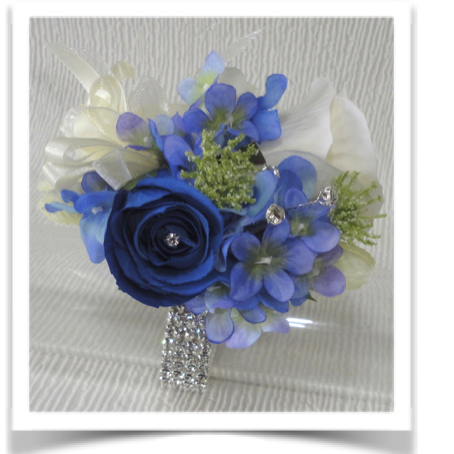 Royal Blue, Ivory & Blue Mix Hydrangea & Rose Wrist Corsage